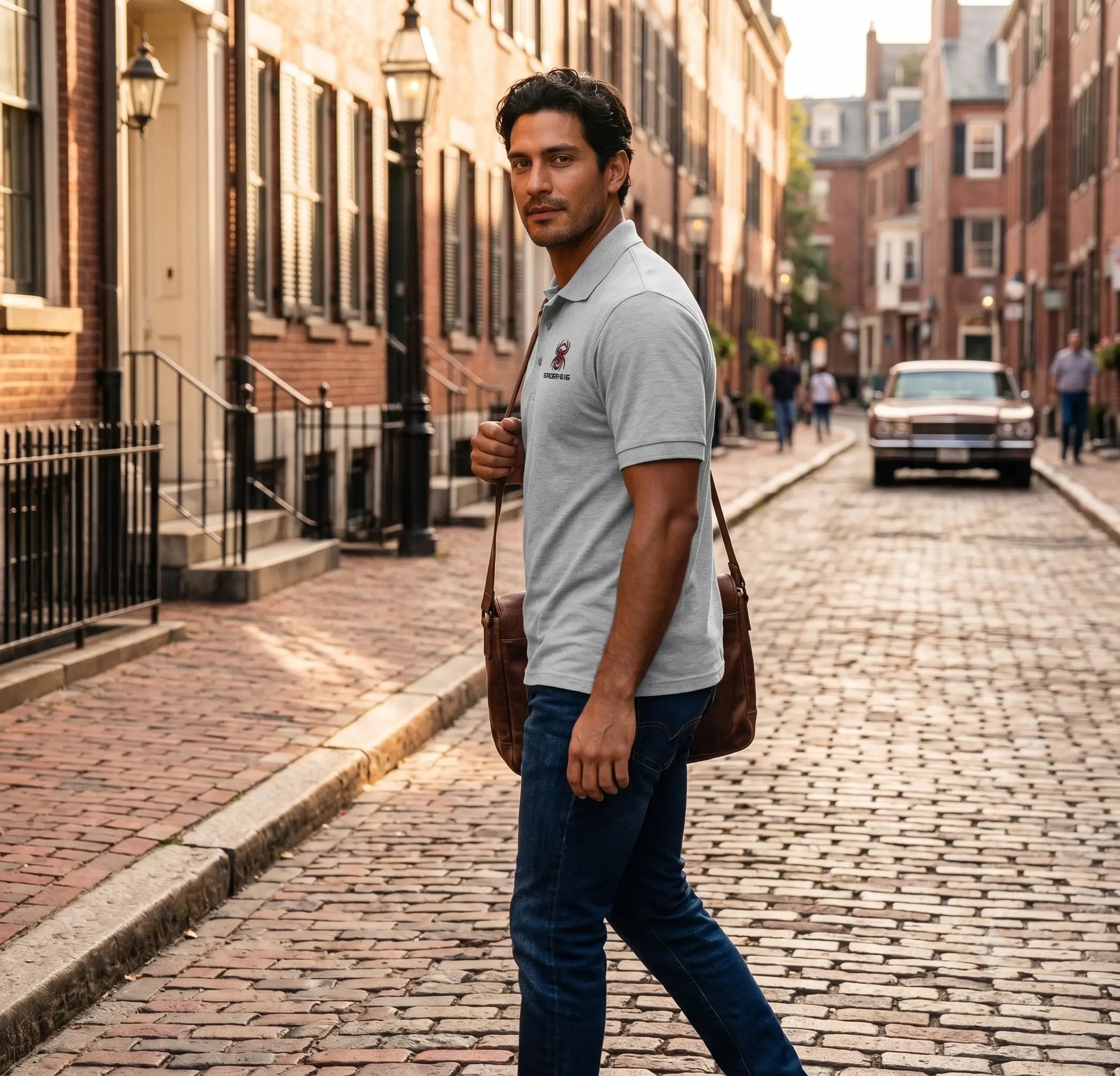Man wearing the SPIDER 616 cool heather polo in a real fit photo
