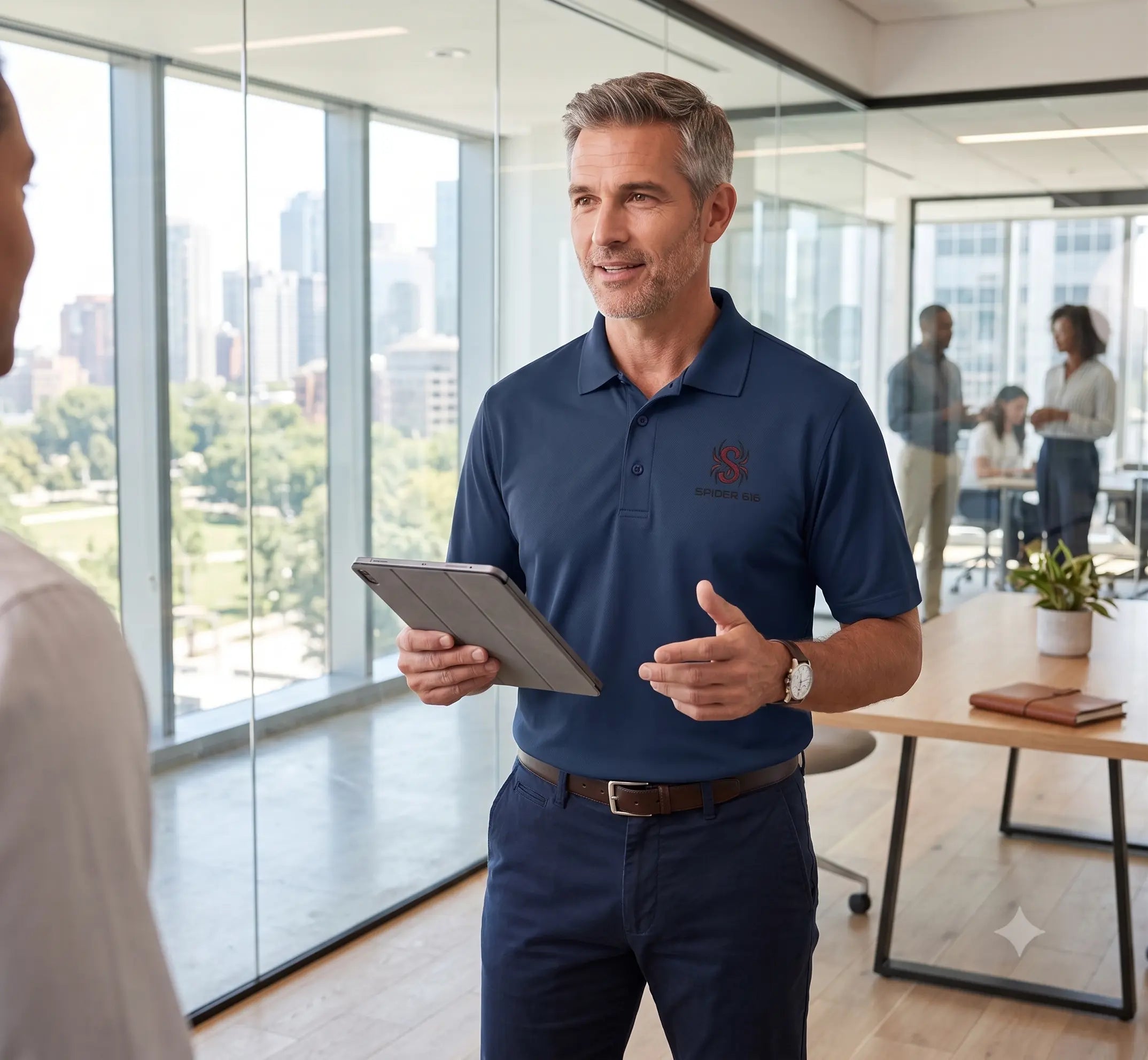 Man wearing the SPIDER 616 navy polo in a real fit photo