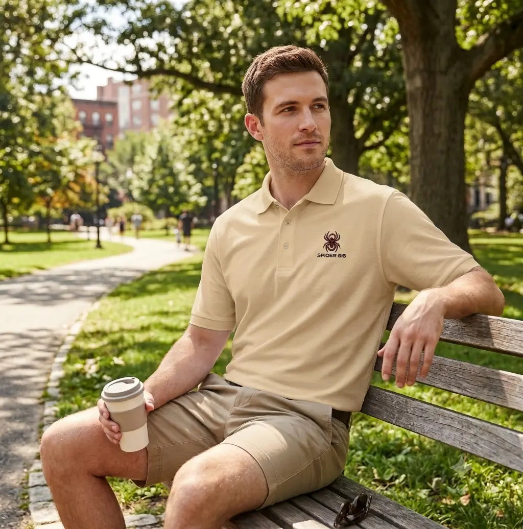 Man wearing the SPIDER 616 stone polo in a real fit photo