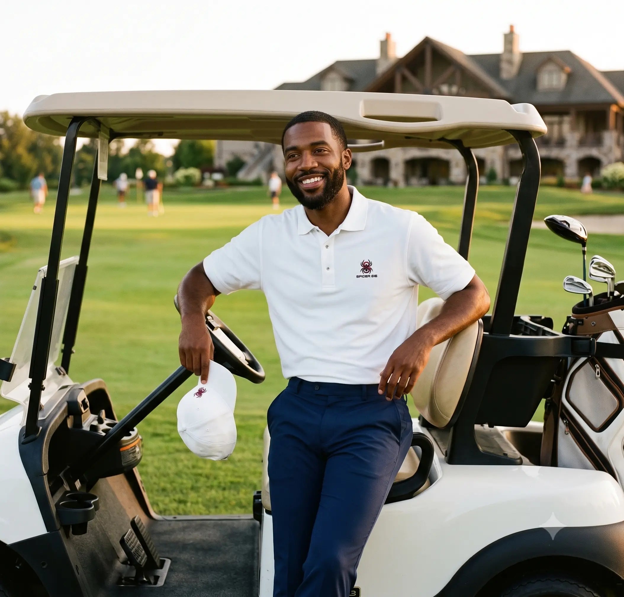 Man wearing the SPIDER 616 white polo in a second real fit photo